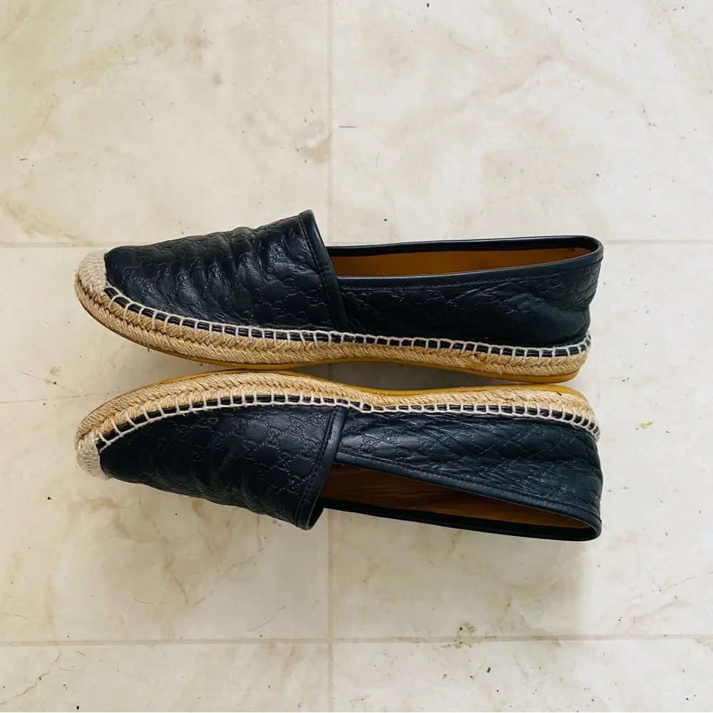 Gucci Micro Guccissima GG Monogram Black Leather Espadrilles Flats Size 8/38